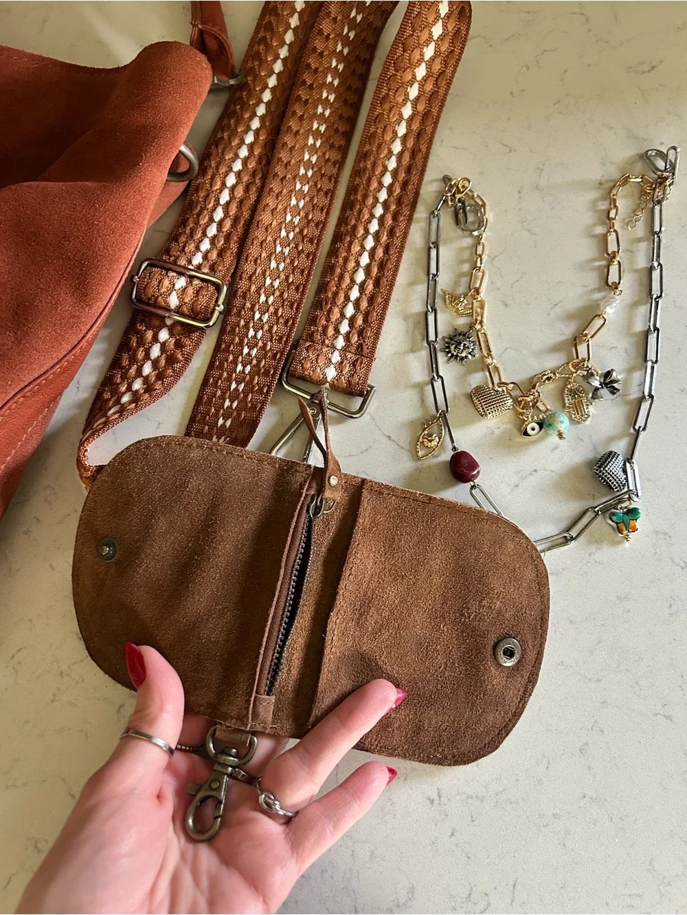 Free People Suzie Suede Slouchy Tote Bag in Between Brown with Wallet/Charm